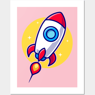 Rocket Flying To The Moon Cartoon Posters and Art